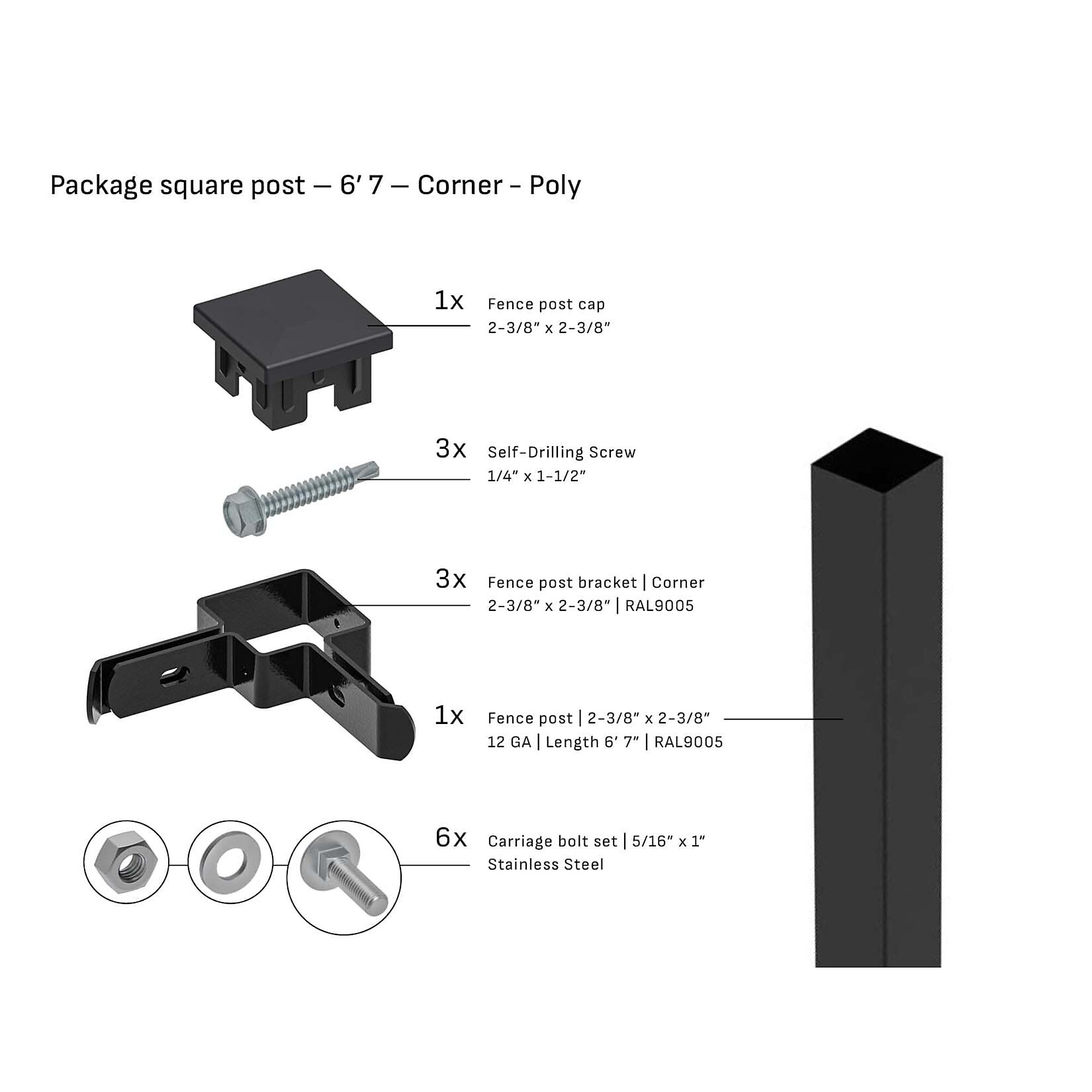 Tarter Square Steel Corner Fence Post — 2-3/8in. x 6ft. x 7ft., 12-Ga. Steel, Poly Cap, Black, Model# 2001006
